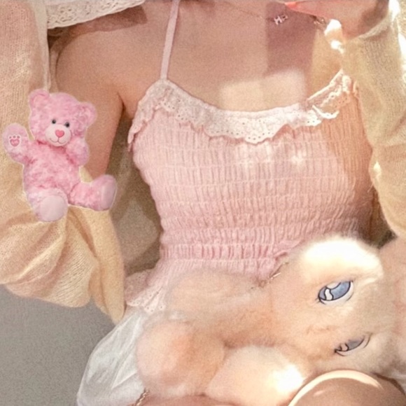 Pastel Pink Japanese Kawaii Style Cottage Lace Ruffle Ribbon Halter Crop Top